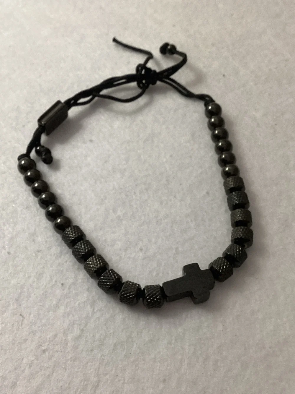 Rhona Sutton Black Cross Beaded Rope Stainless Steel Bracelet